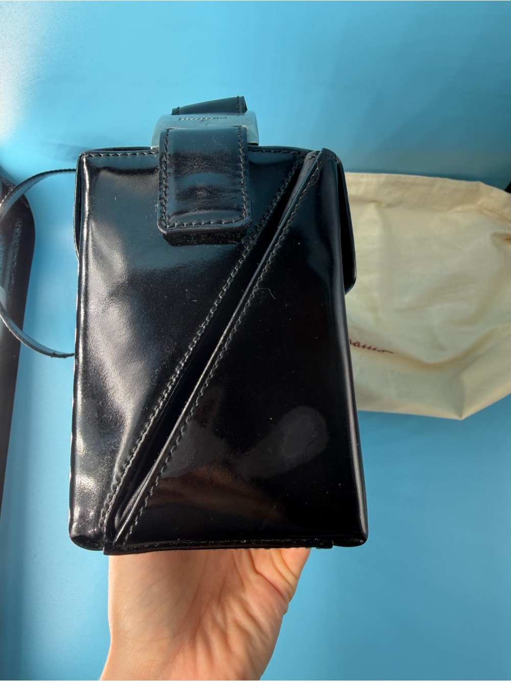 Salvatore Ferragamo Black Patent Leather Box Shoulder Bag Vintage 90s - Picture 8 of 12